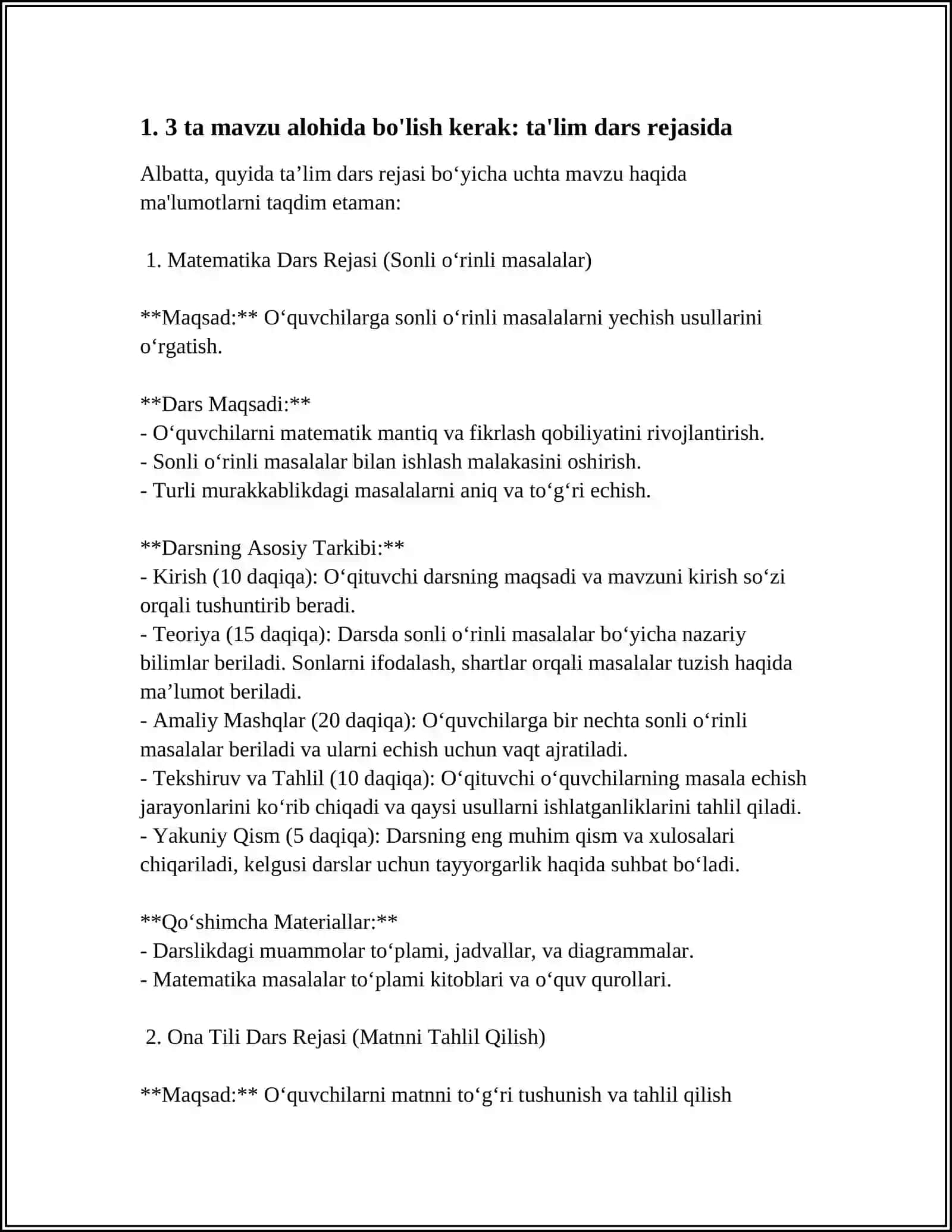 Matematika Dars Rejasi 4