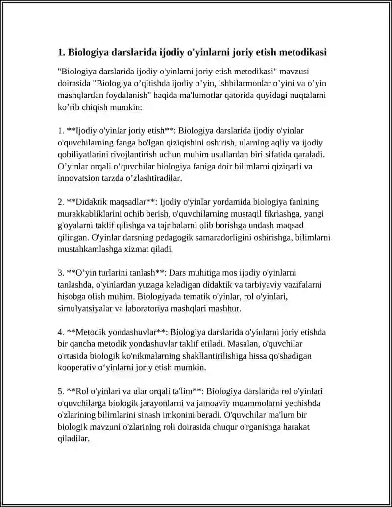 Biologiya o’qitishda ijodiy o’yin, ishbilarmonlar o’yini va o’yin mashqlardan foydal 4