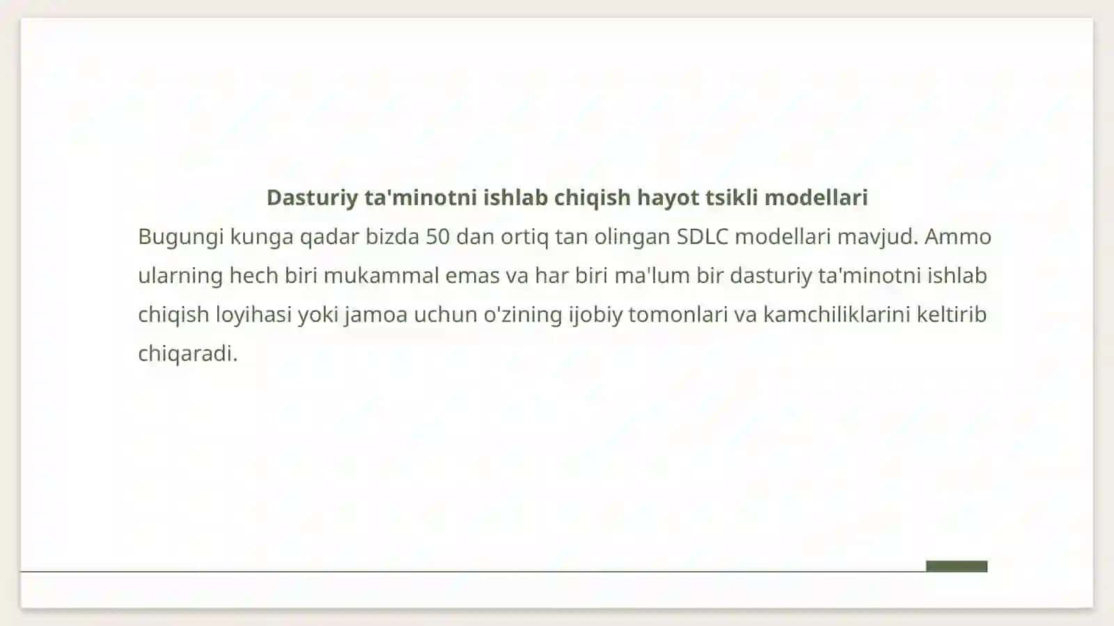 Dasturiy injiniring jarayonlari. Dasturiy ta’minot ishlab chiqishning hayot sikli modellari 4