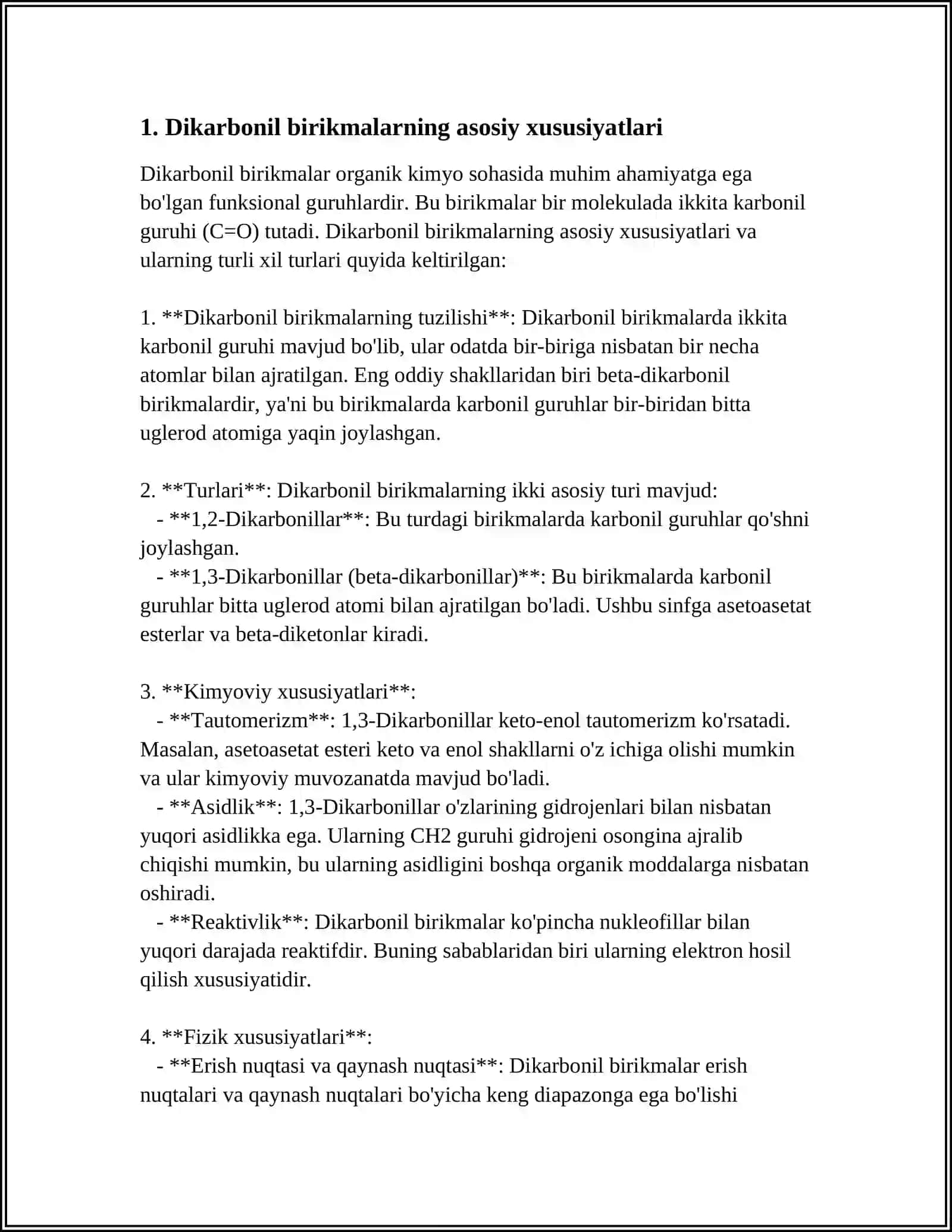 DIKARBONIL BIRIKMALAR.NOMLANISH, TURLARI VA TUZILISHI.KETO-ENOL TAUTOMERIYASI.KIMYOVIY REAKSIYALARDAGI OʻZIGA XOSLIK 4