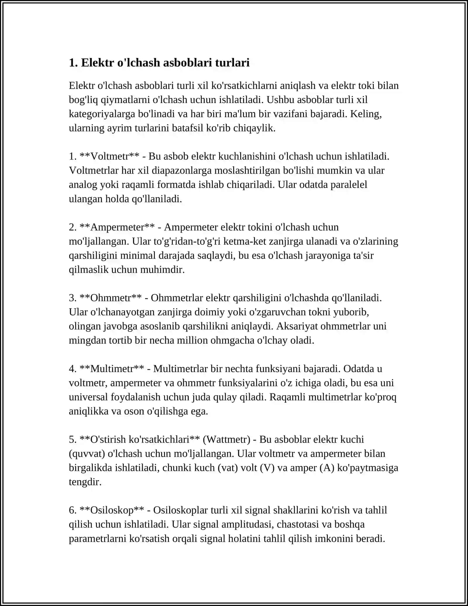 ELEKTR O'LCHASH ASBOBLARI HAQIDA UMUMIY MA'LUMOT VA ULARNING ANIQLIK KLASLARI 4