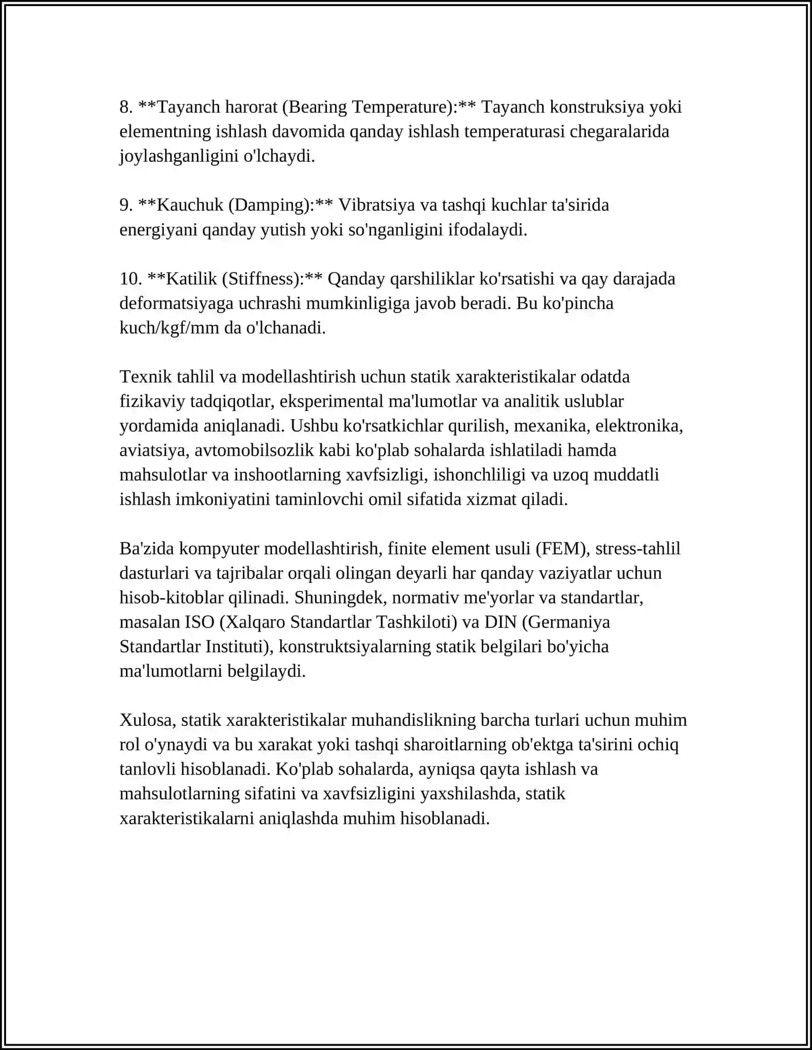 BT LARNING STATIK HARAKTERISTALARI. XULOSA 4