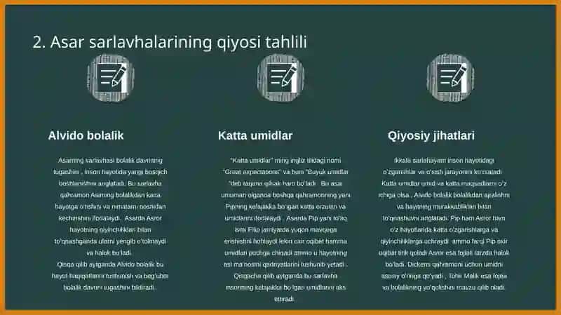 Tohir Malik "Alvidobolalik" qissasi va Charles Dickens "Katta umidlar" romani qiyosiy tahlili 4