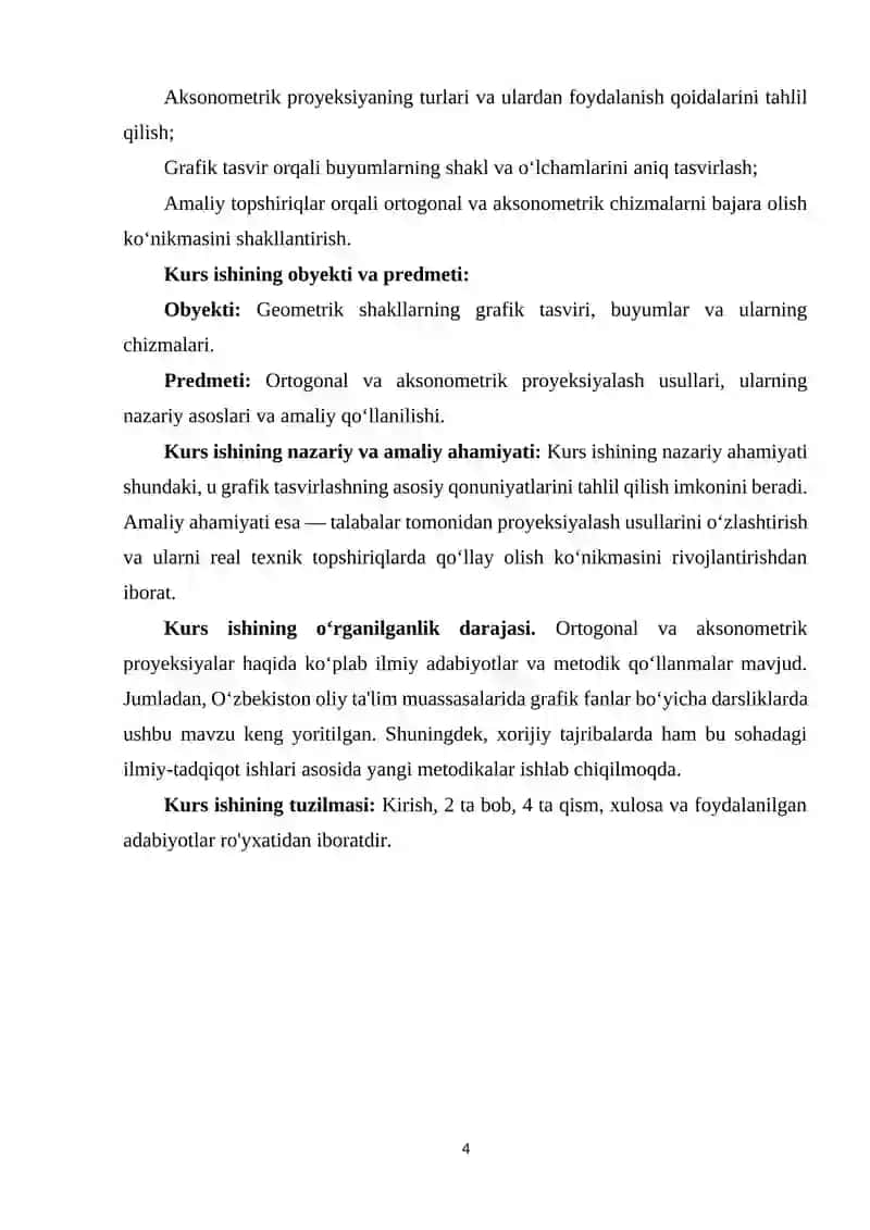 TAVSIF BOʻYICHA MODELNING ORTOGONAL VA AKSONOMETRIK PROYEKSIYASINI BAJARISH 4