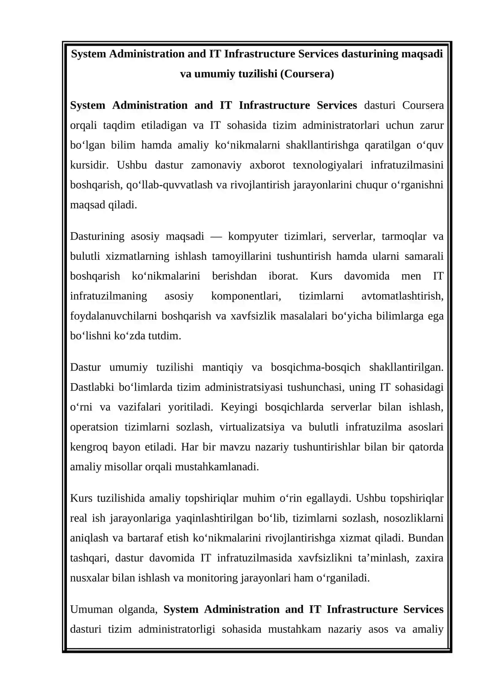 SYSTEM ADMINISTRATION AND IT INFRASTRUCTURE SERVICES CERTIFICATE’NI OLISH JARAYONI 4