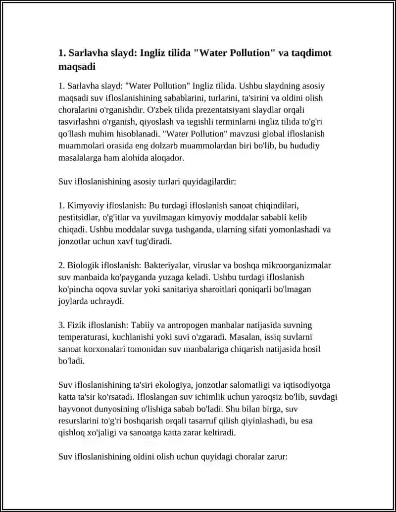 INGLIZ TILIDA WATER POLLUTION MAVZUSIDA SLAYD TAXLASH 4