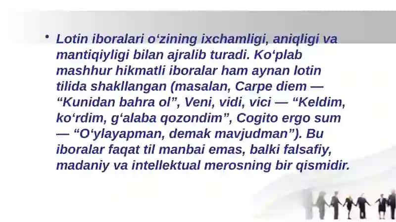 Lotin iboralarining barcha jabhalarda tutgan o’rni 4
