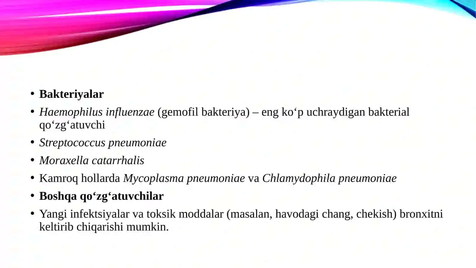 Bronxit kasalligining qo'zg'atuvchilari patogenez va laboratoriya tashhisi. Gemofil bakteriyalarni inflyuensa tayoqchasi yumshoq shankr qo'zg'atuvchisi) amaliyotidagi ahamiyati tashhisi. 4