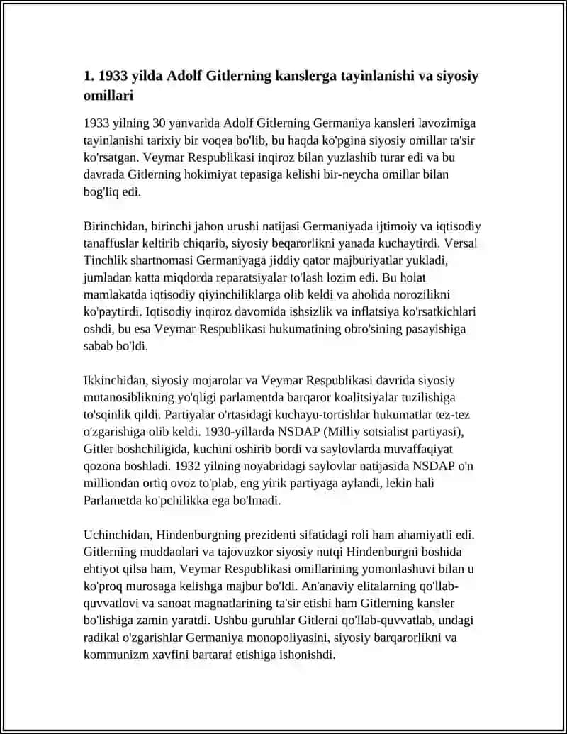 1933 YILLARDA ADOLF GITLERNING HOKIMIYAT TEPASIGA KELISHI VA VEYMAR RESPUBLIKASINING QULASHI 4