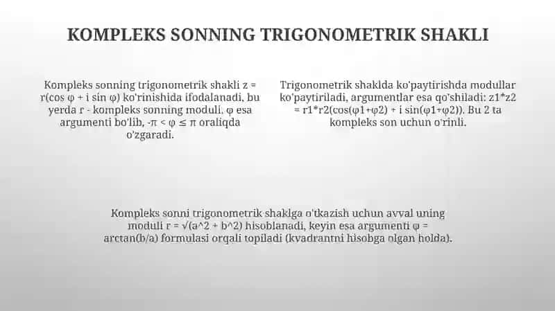 Kompleks sonlar va ularning trigonometrik shakli.Muavr formulasi 4
