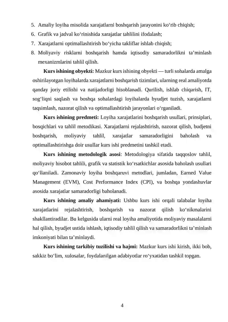 LOYIHA XARAJATLARINI BOSHQARISHNI TAHLIL QILISH 4