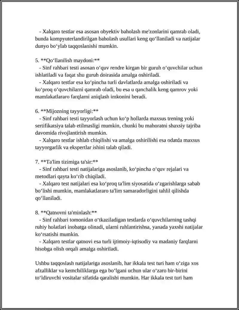 SINF RAHBARI TAYYORLAGAN TEST BILAN XALQARO TESINI TAQQOSLANG 4