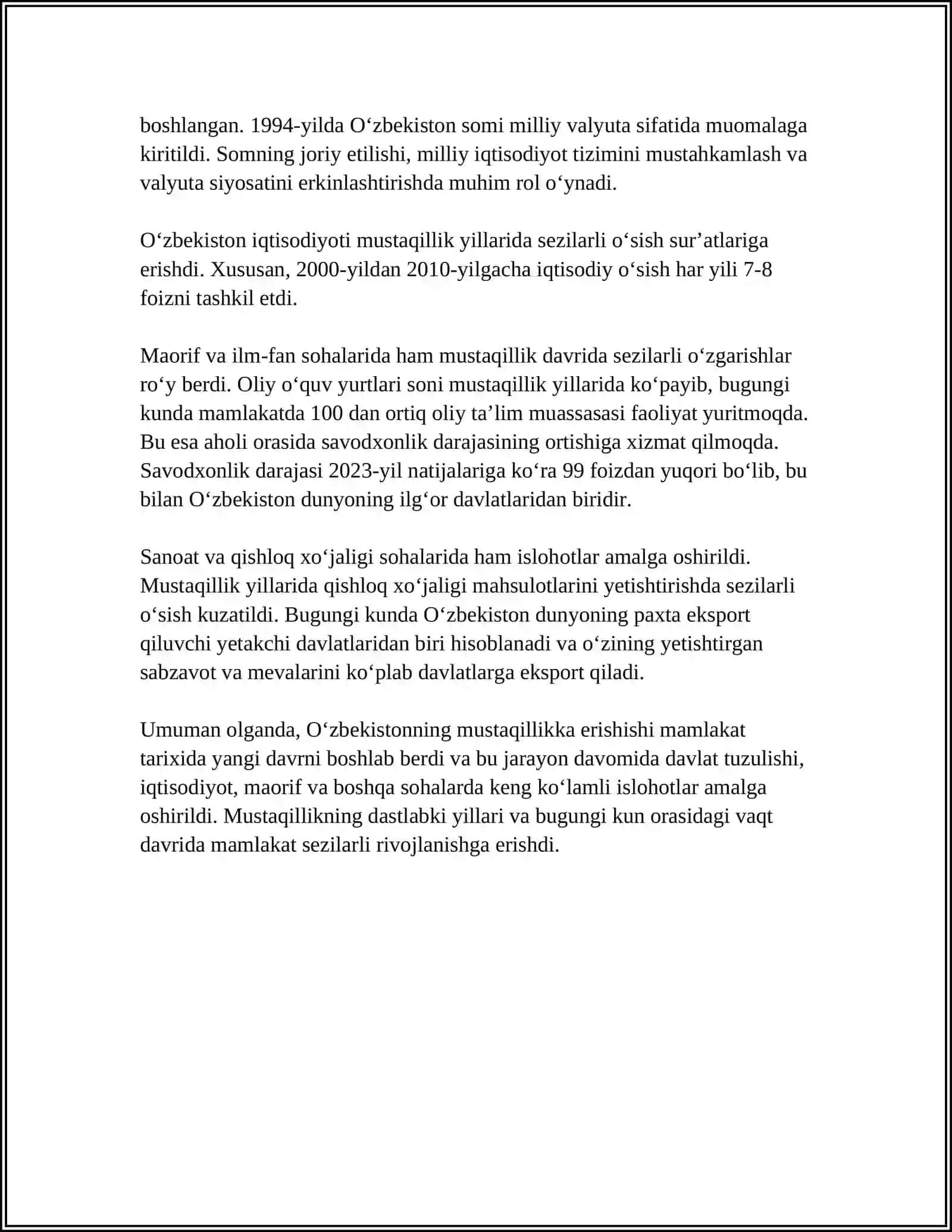 MUSTAQILLIKKA ERISHISH ARAFASIDA OʻZBEKISTONDAGI IJTIMOIY SIYOSIY JARAYONLAR OʻZBEKISTON RESPUBLIKASINING TASHKIL TOPISHI VA UNING TARIXIY AHAMIYATI OʻZBEKISTONNING OʻZIGA XOS ISTIQLOL VA TARAQQIYOT YOʻLI 2024-2025-o'quv yili 4
