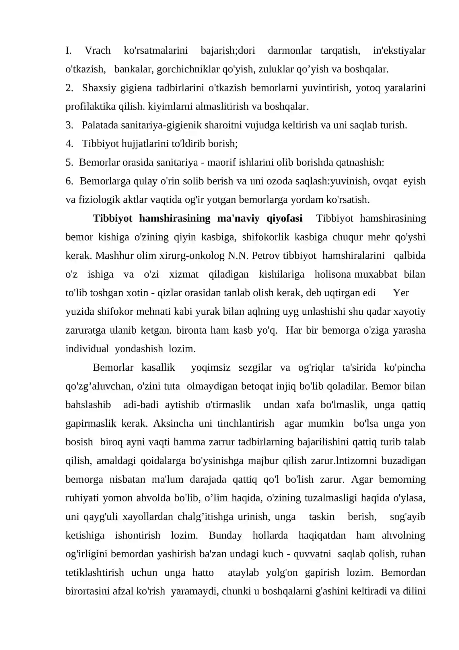 Bemorlarni parvarish qilishning ahamiyati. Tibbiyot hamshirasining vazifalari 4