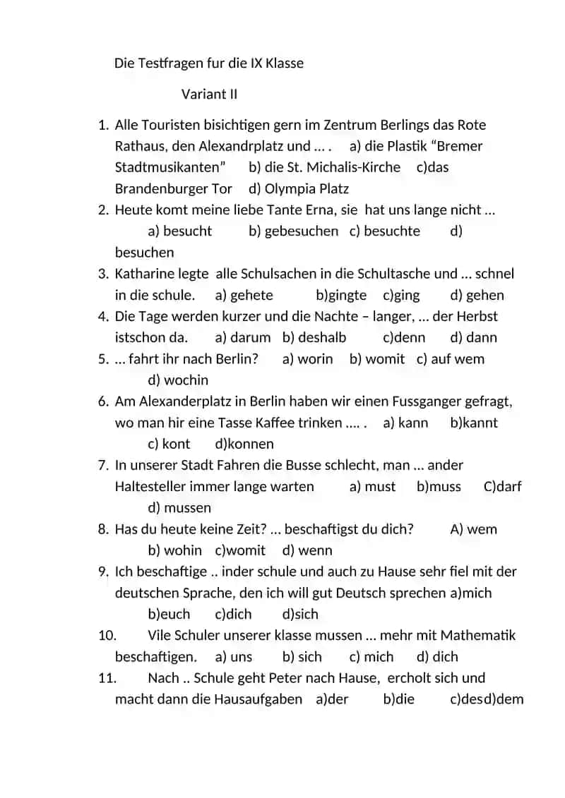Die Testfragen fur IX Klasse 4
