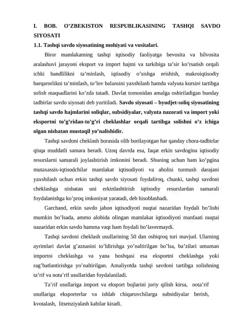 TASHQI SAVDO VA UNDA O’ZBEKISTON RESPUBLIKASINING TUTGAN O’RNI 4