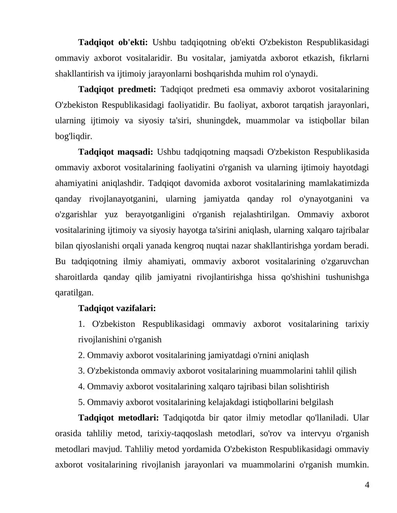 "Oʻzbekiston Respublikasida ommaviy axborot vositalarining faoliyati" 4