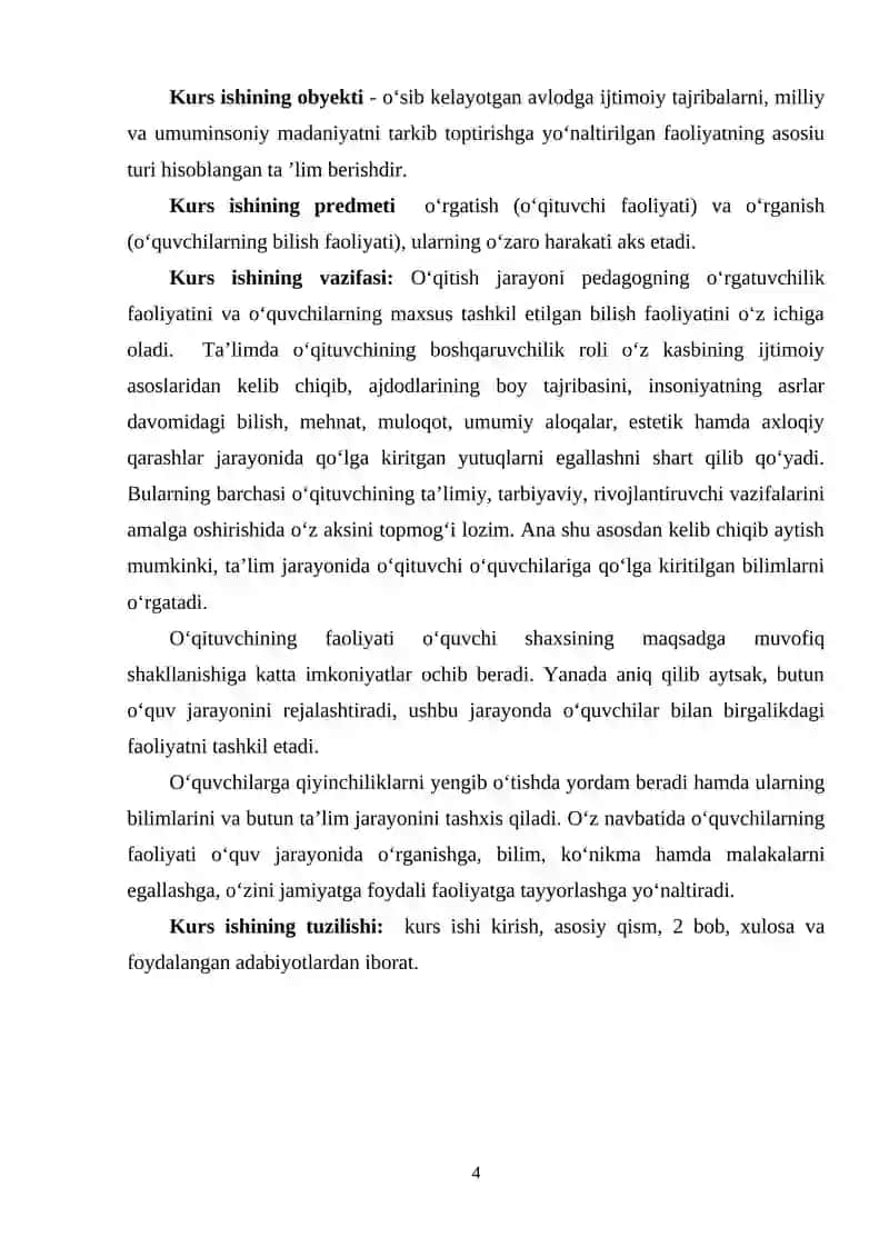 Kurs Ishlari: Didaktika va Pedagogika 4