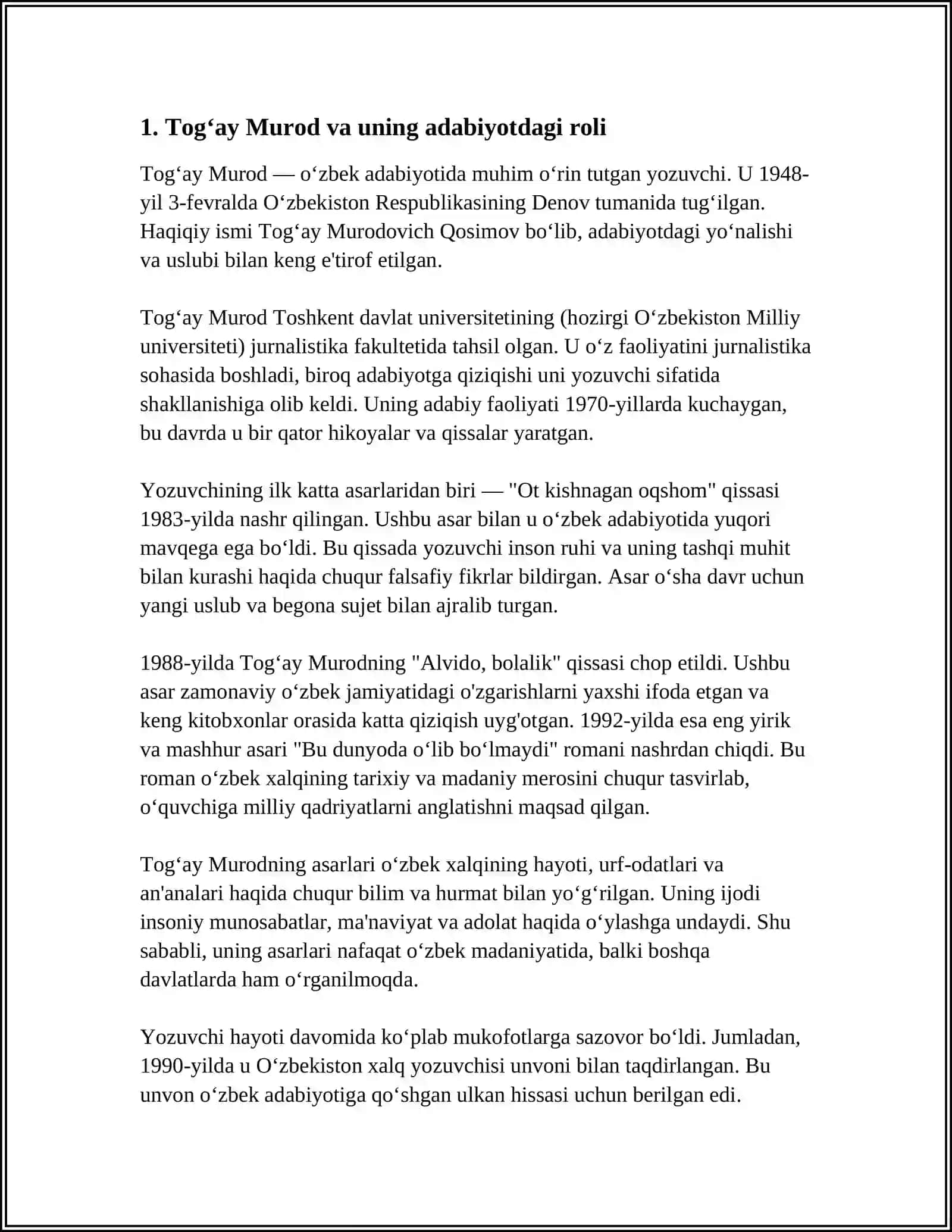 TOGʻAY MURODNING OYDINDA YURGAN ODAMLAR ASARI HAQIDA 4