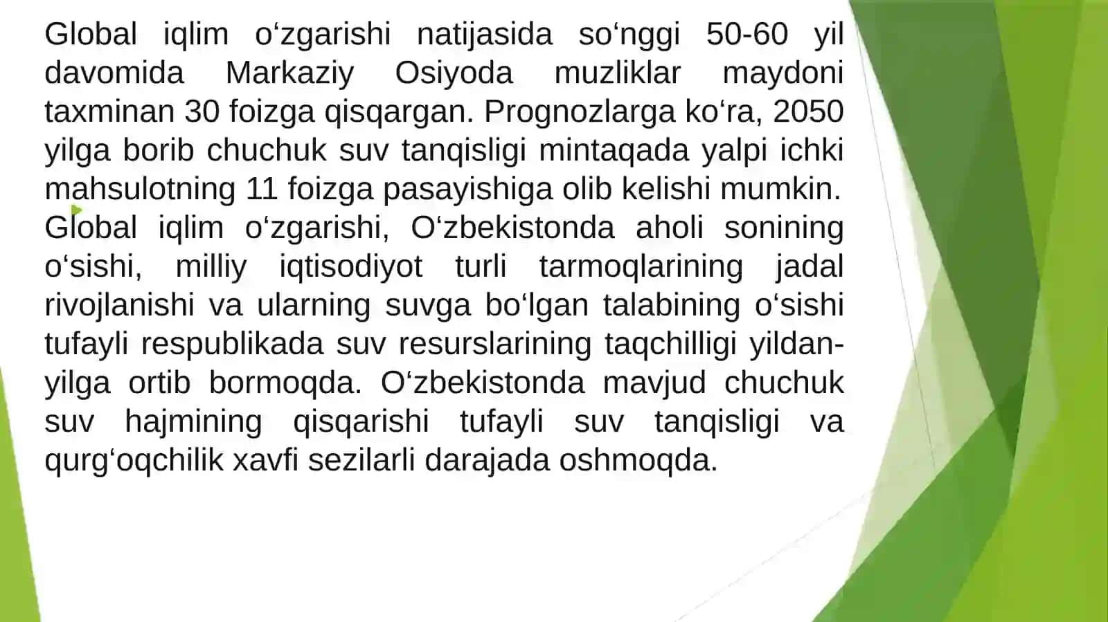 O’zbekiston Respublikasidagi suv muammosi. Orol fojiasi. 4