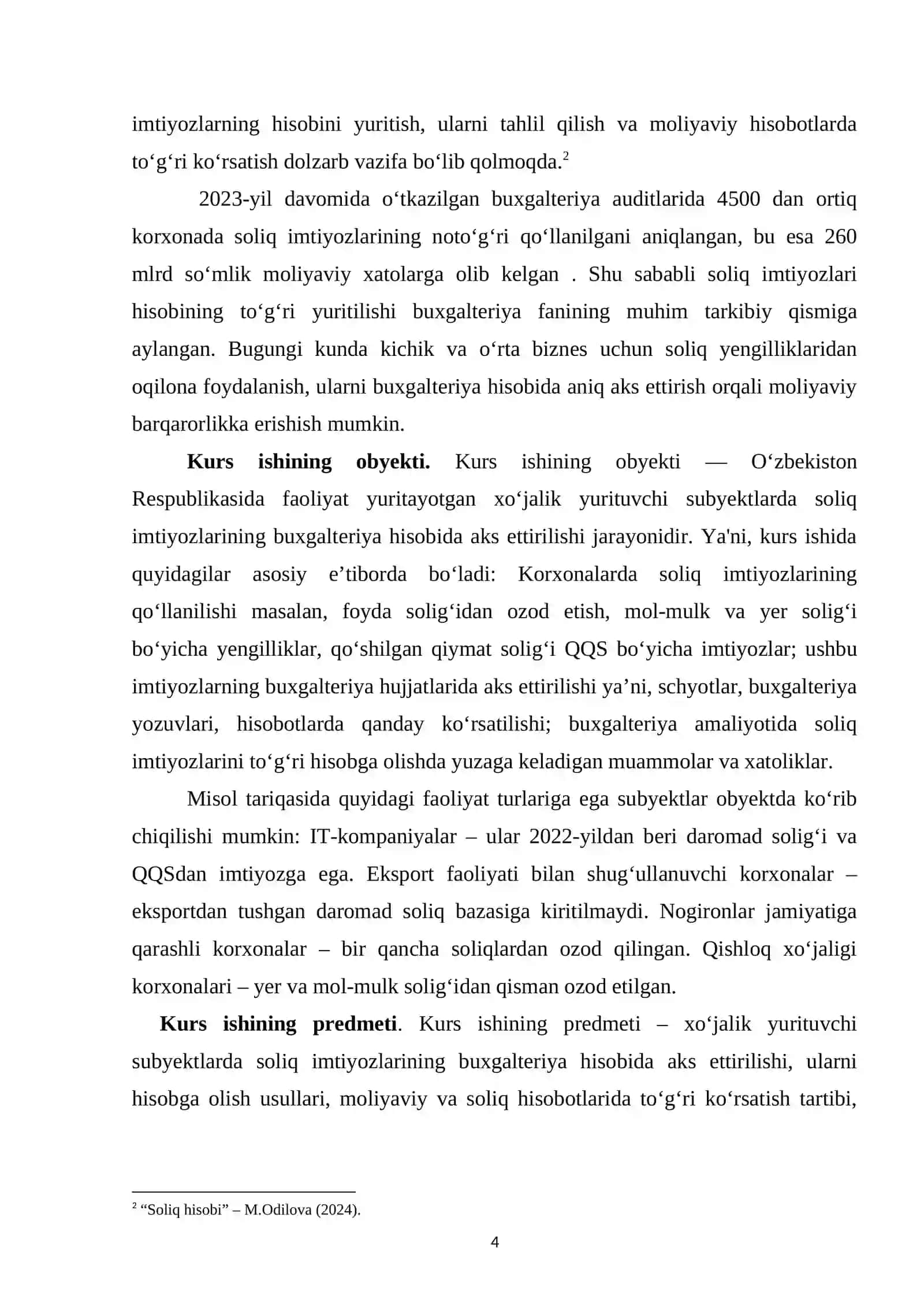 Soliq imtiyozlari hisobini yuritish kurs ishi 4