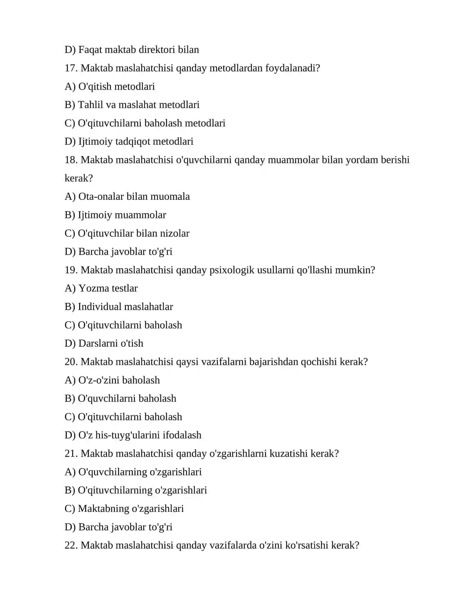 Maktab maslahatchisi lavozimi uchun testlar 228 talik 4
