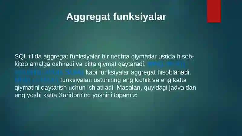SQLda jarayonlar va standart funksiyalar 4