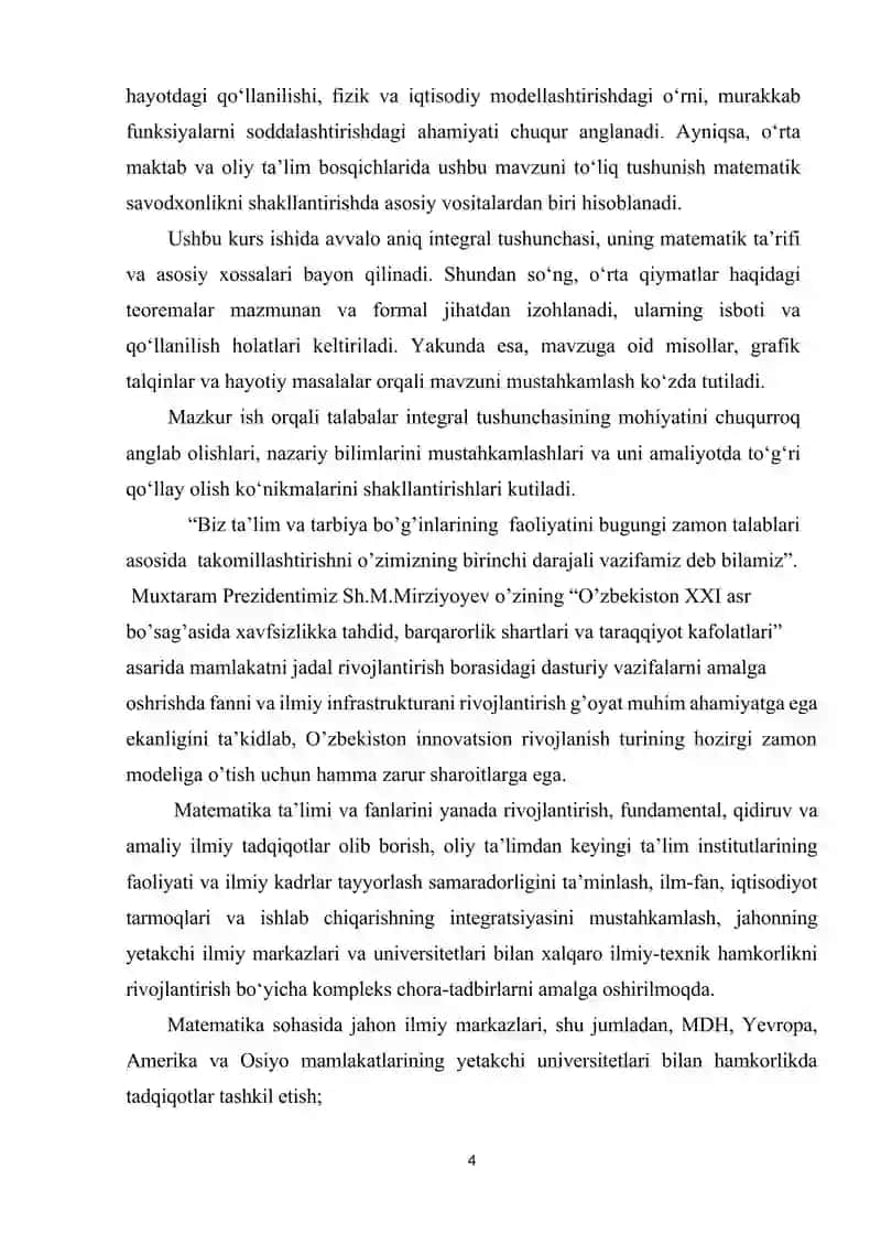 ANIQ INTEGRAL XOSSALARI VA O`RTA QIYMATLAR HAQIDAGI TEOREMALAR kurs ishi 4