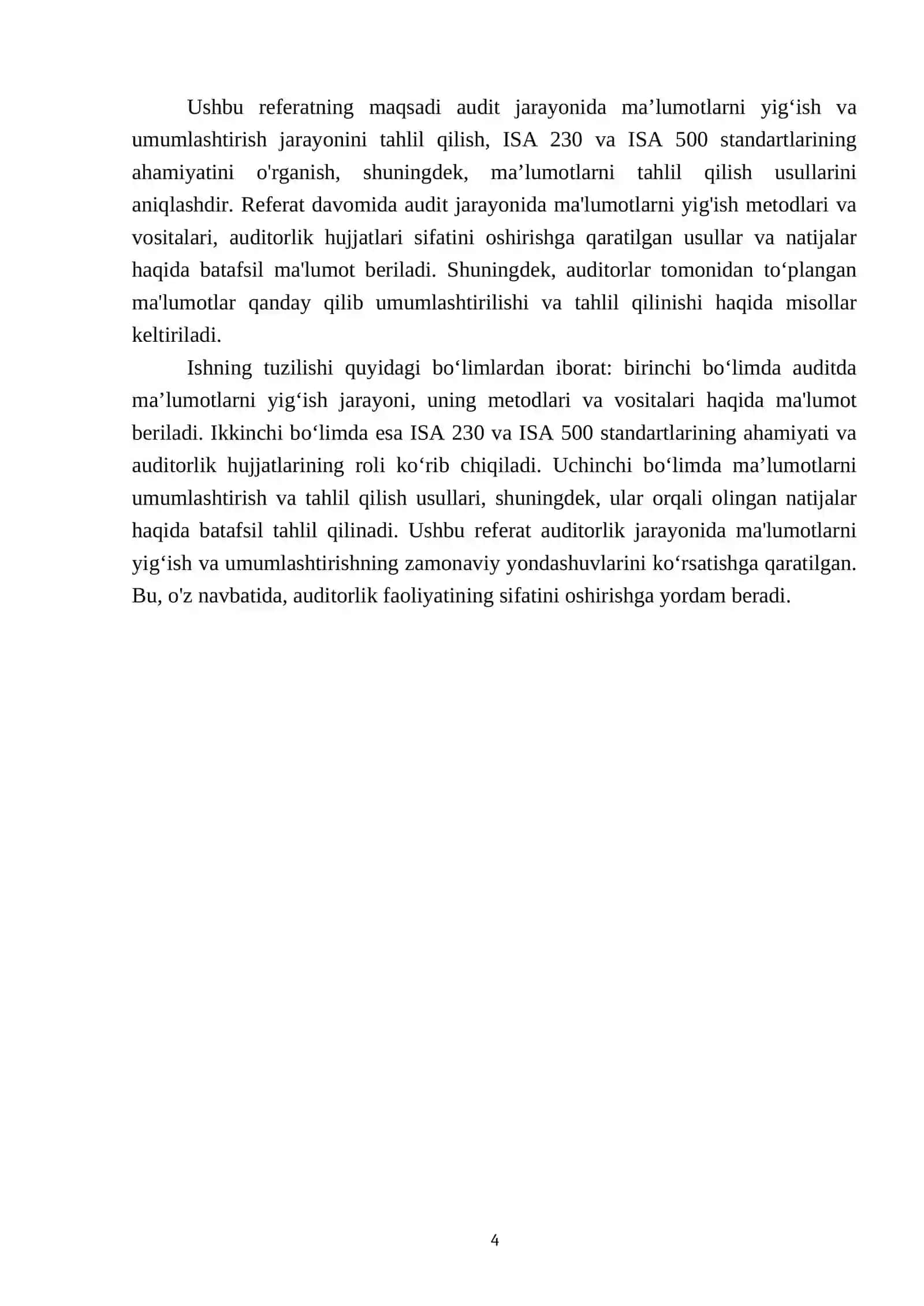 Auditda maʼlumotlarni yigʻish va umumlashtirish. ISA 230 Audit Documentation hamda ISA 500 4