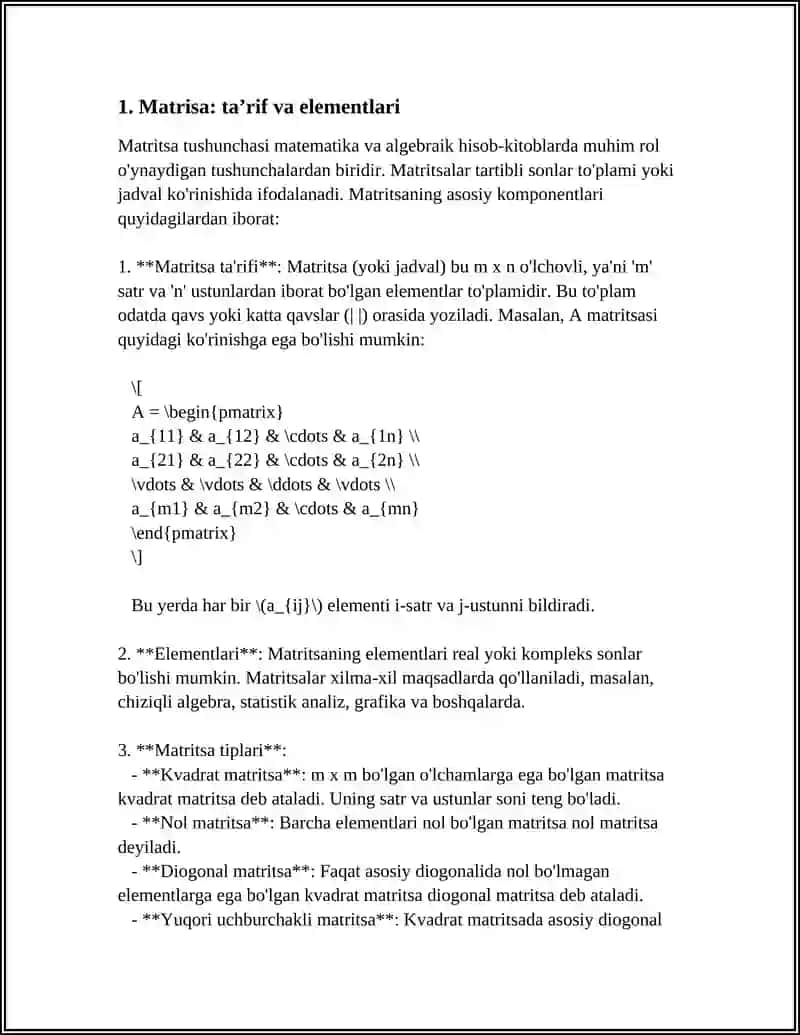MATRITSALAR. ASOSIYTUSHUNCHA VA TARIFLAR. MATRITSALAR USTIDA AMALLAR. KVADRAT MATRITSANING DETERMINANTI 4