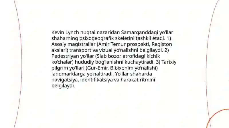 Kevin Lynch nazariyasi: Samarqand shahri boʻyicha 4