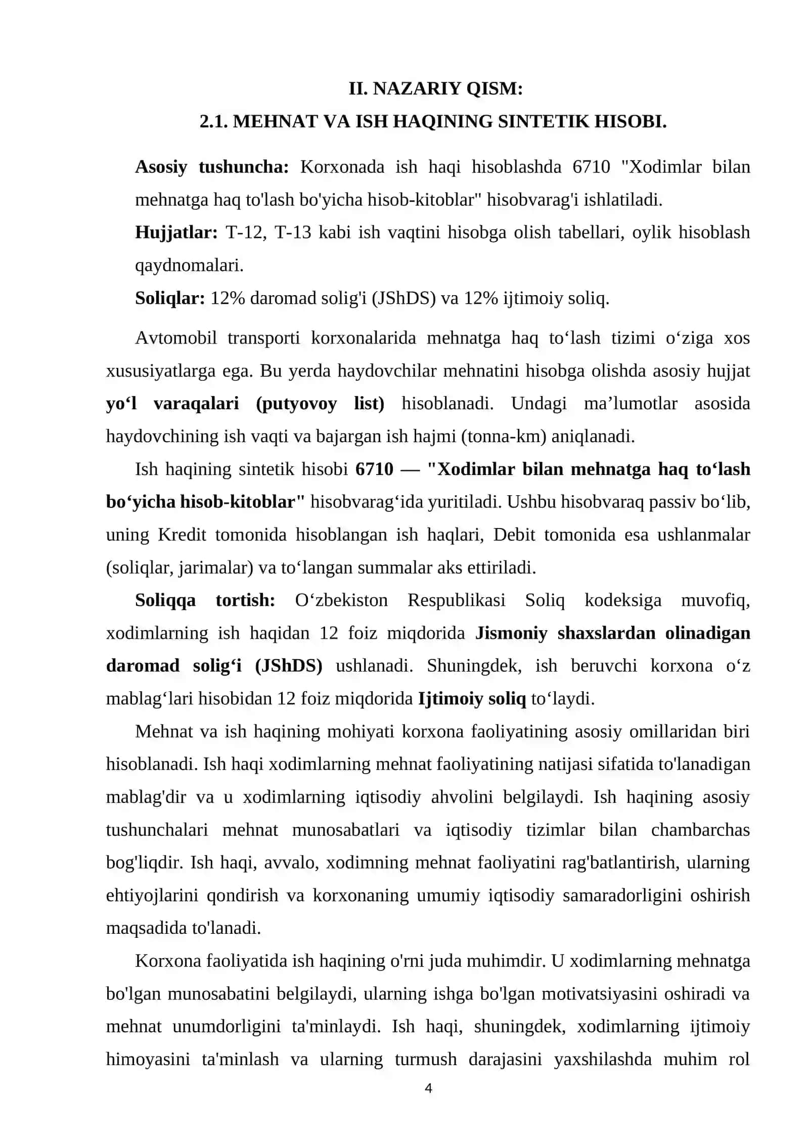 Mehnat va ish haqining sintetik hisobi. 4