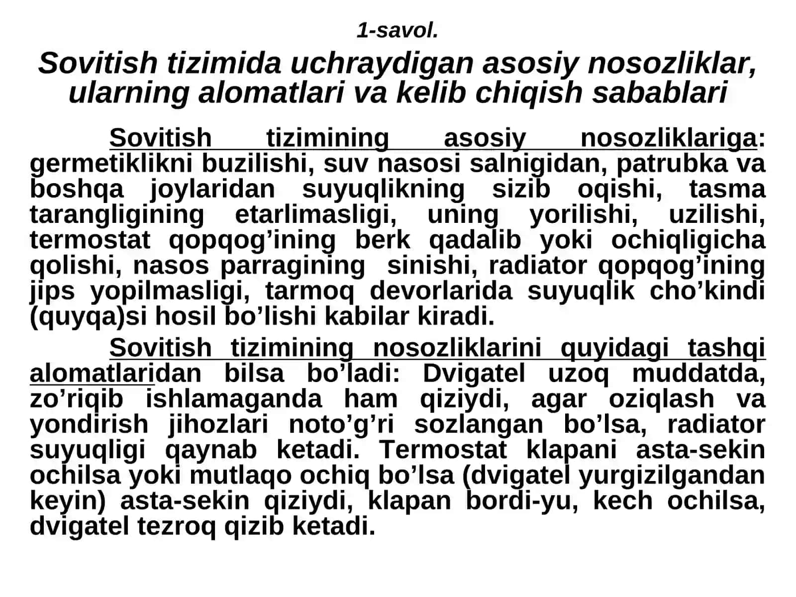 Avtomobil dvigatelining sovitish va moylash tizimiga TXK va ta’mirlash ishlari texnologiyasi 4