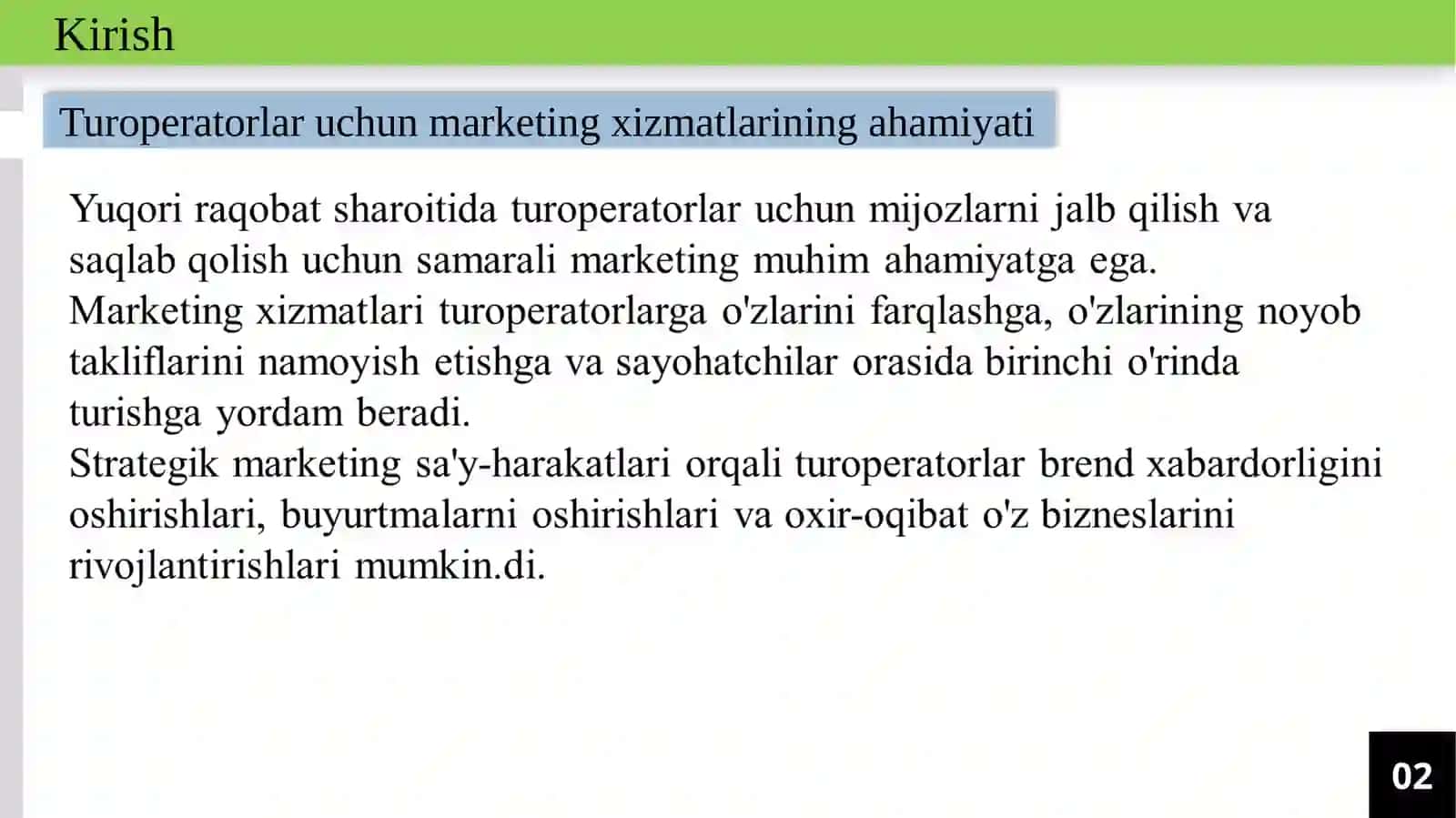 Turoperatorlarning turizm firmasida marketing xizmatini amalga oshirish 4