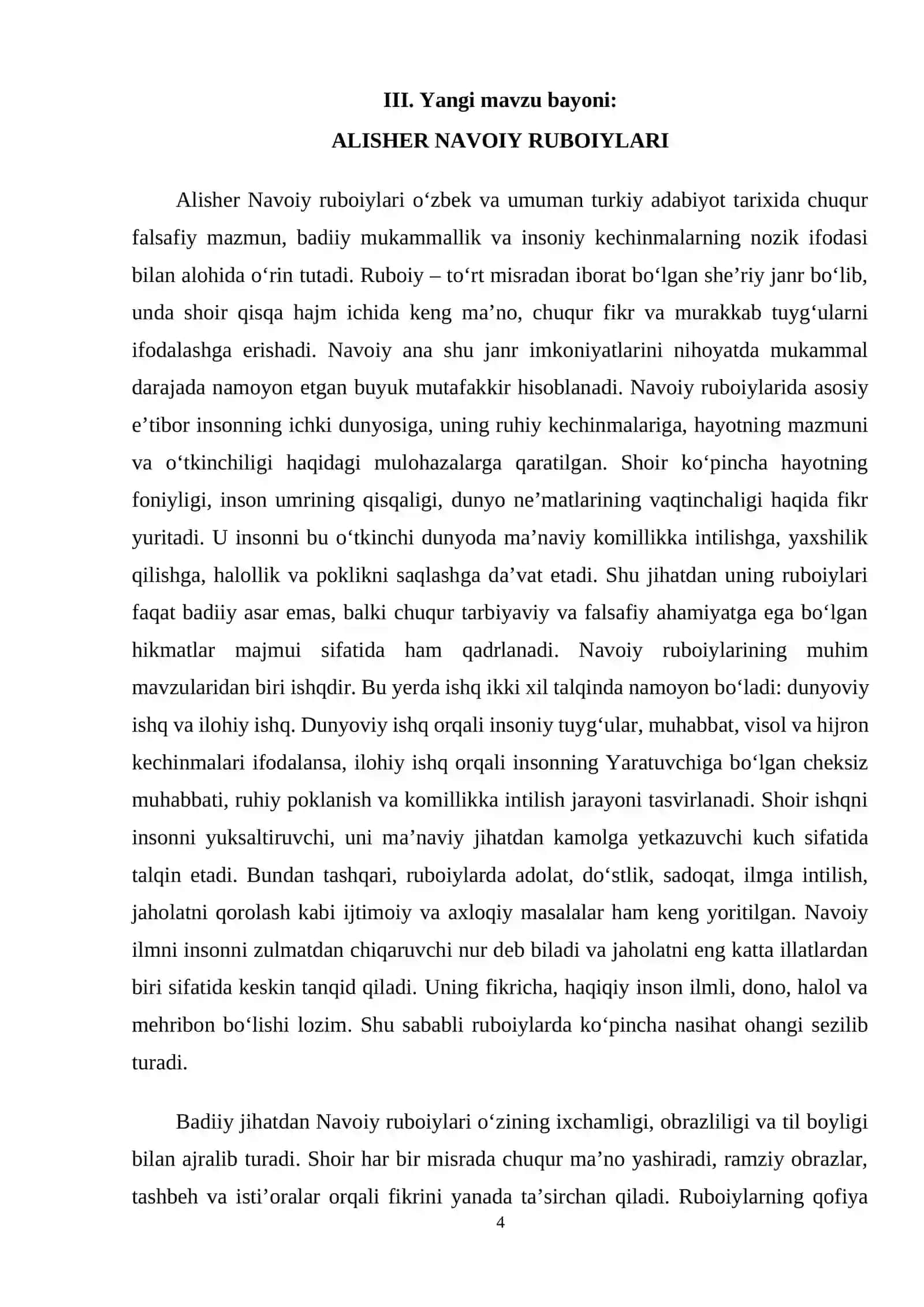 Alisher Navoiy ruboiylari: janriy xususiyatlari, g‘oyaviy-badiiy tahlili va lingvopoetik xususiyatlari. 4