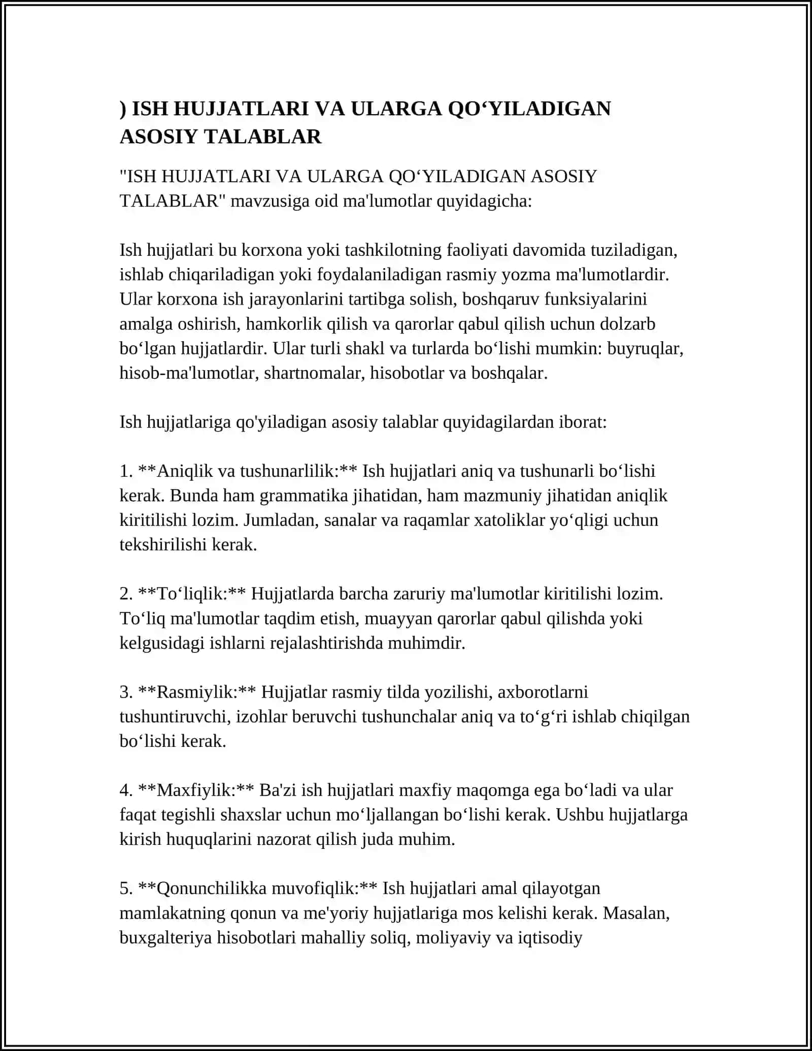 ISH HUJJATLARI VA ULARGA QOʻYILADIGAN ASOSIY TALABLAR 4