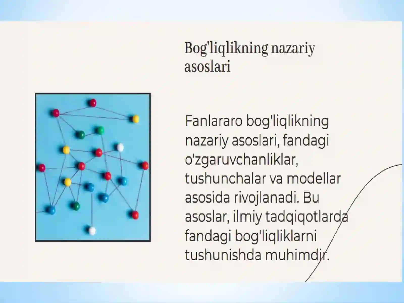 Kimyoning fizika, matematika, biologiya, geografiya bilan fanlararo bogliqligi.Taniqli kimyogar olimlarning ijodiy faoliyatini o'rganish 4