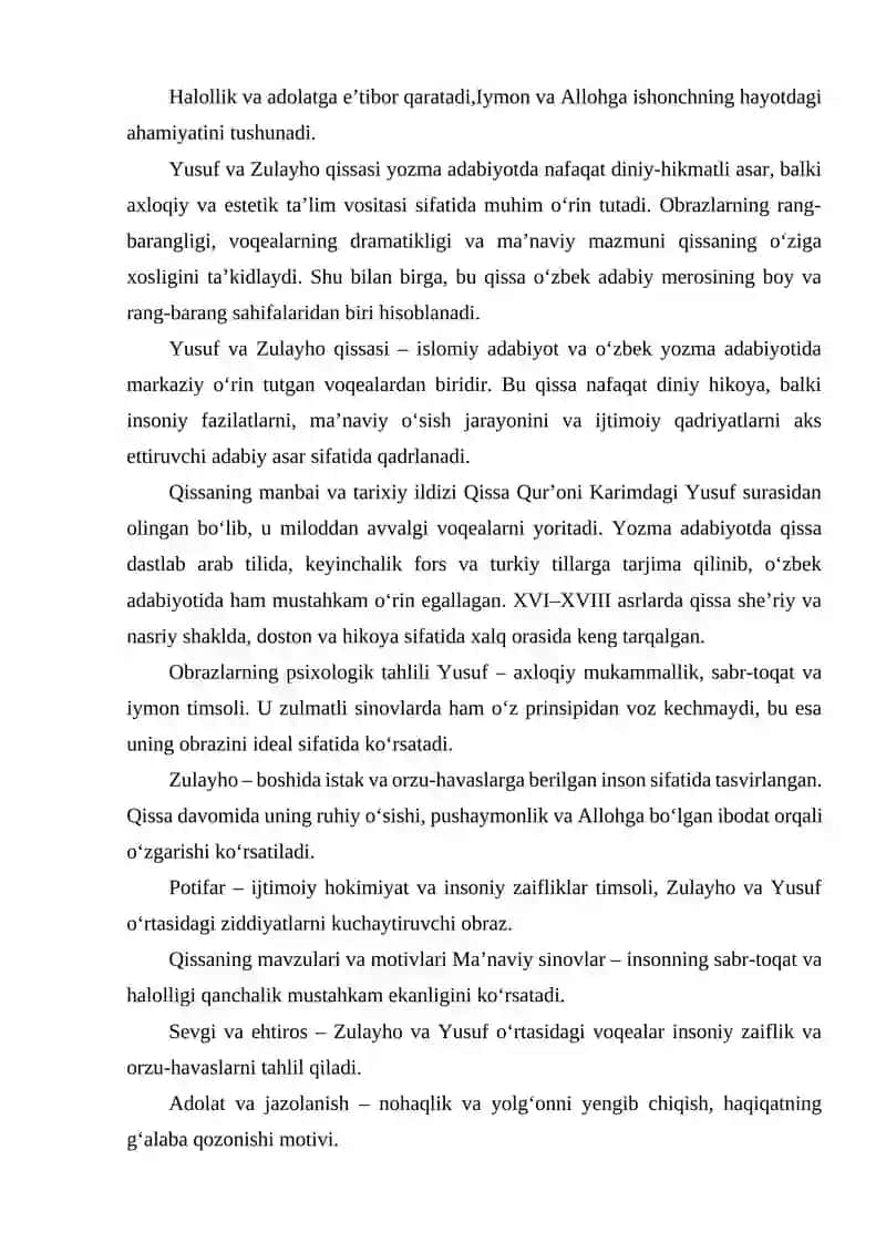 YOZMA ADABIYOTDA YUSUF VA ZULAYHO QISSASI 4