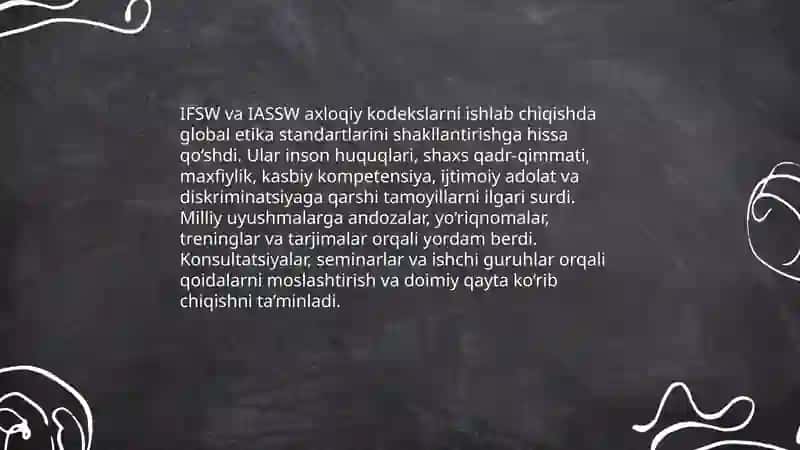 Ijtimoiy ish axloqiy kodekslarini tuzish va tasdiqlashda xalqaro birlashmalarning roli 4