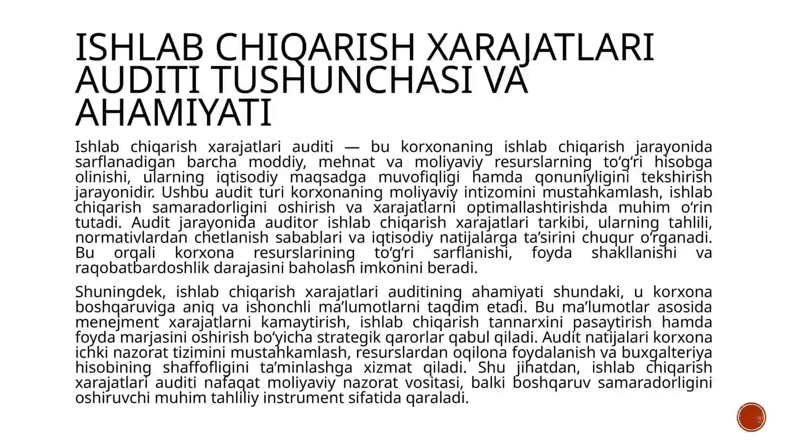Ishlabchiqarish xarajatlari auditini oʻtkazish nirejalashtirish 4