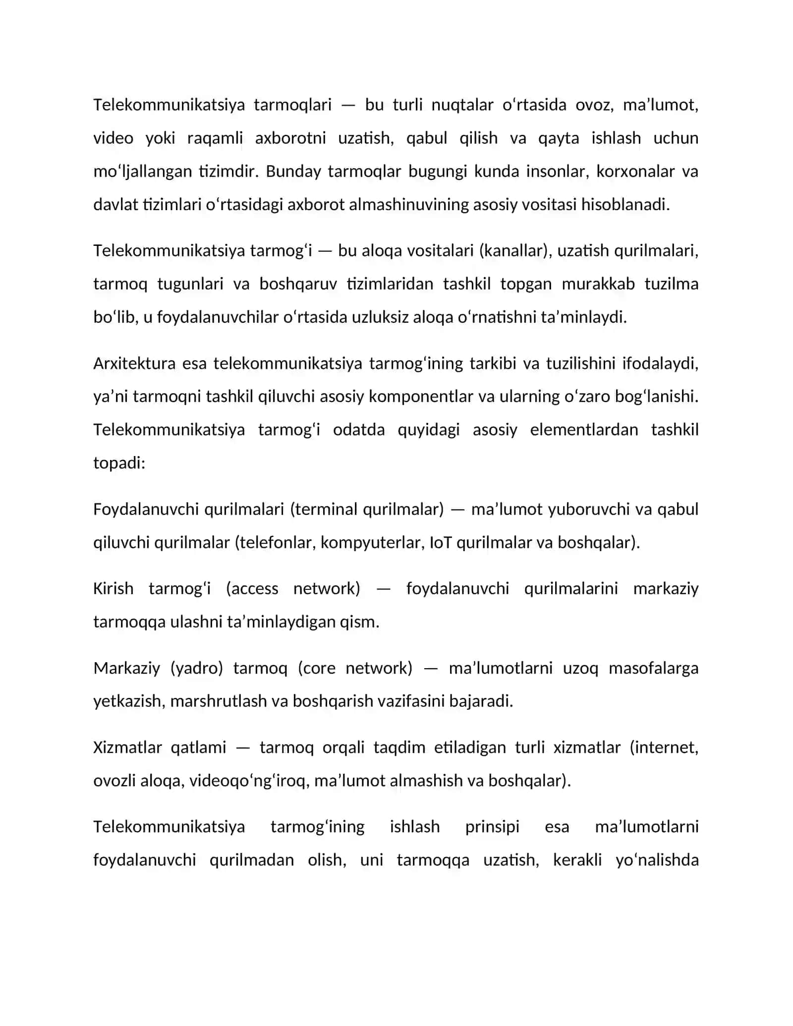 Telekommunikatsiya tarmog'ining arxitekturasi va ishlash printsipi 4