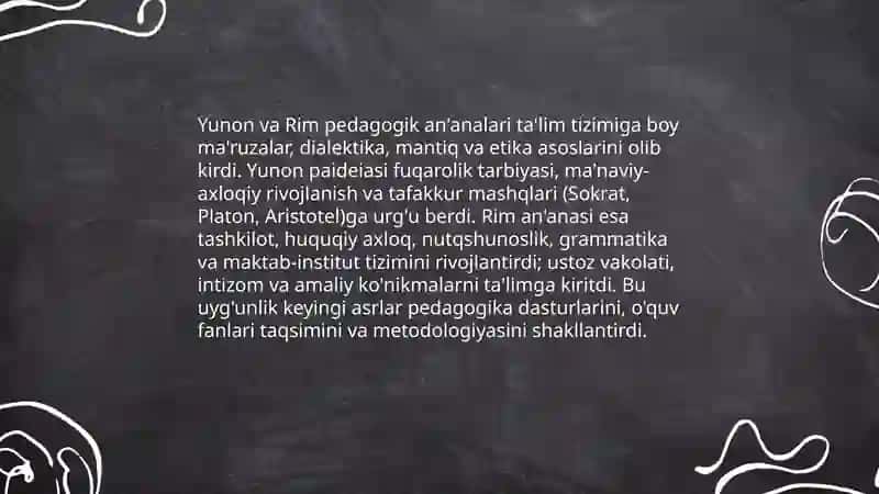 Jahon pedagogik fanining rivojlanish tarixi bayoni 4