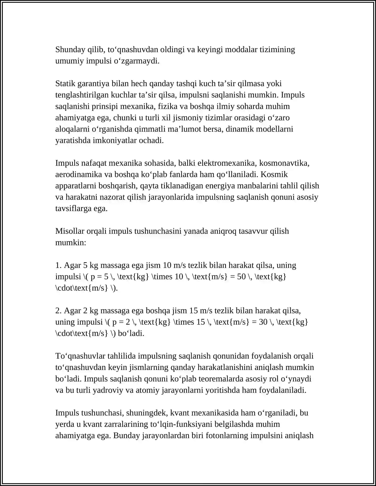 IMPULS VA KUCH IMPULSI. IMPULS SAQLANISH QONUNUI 4