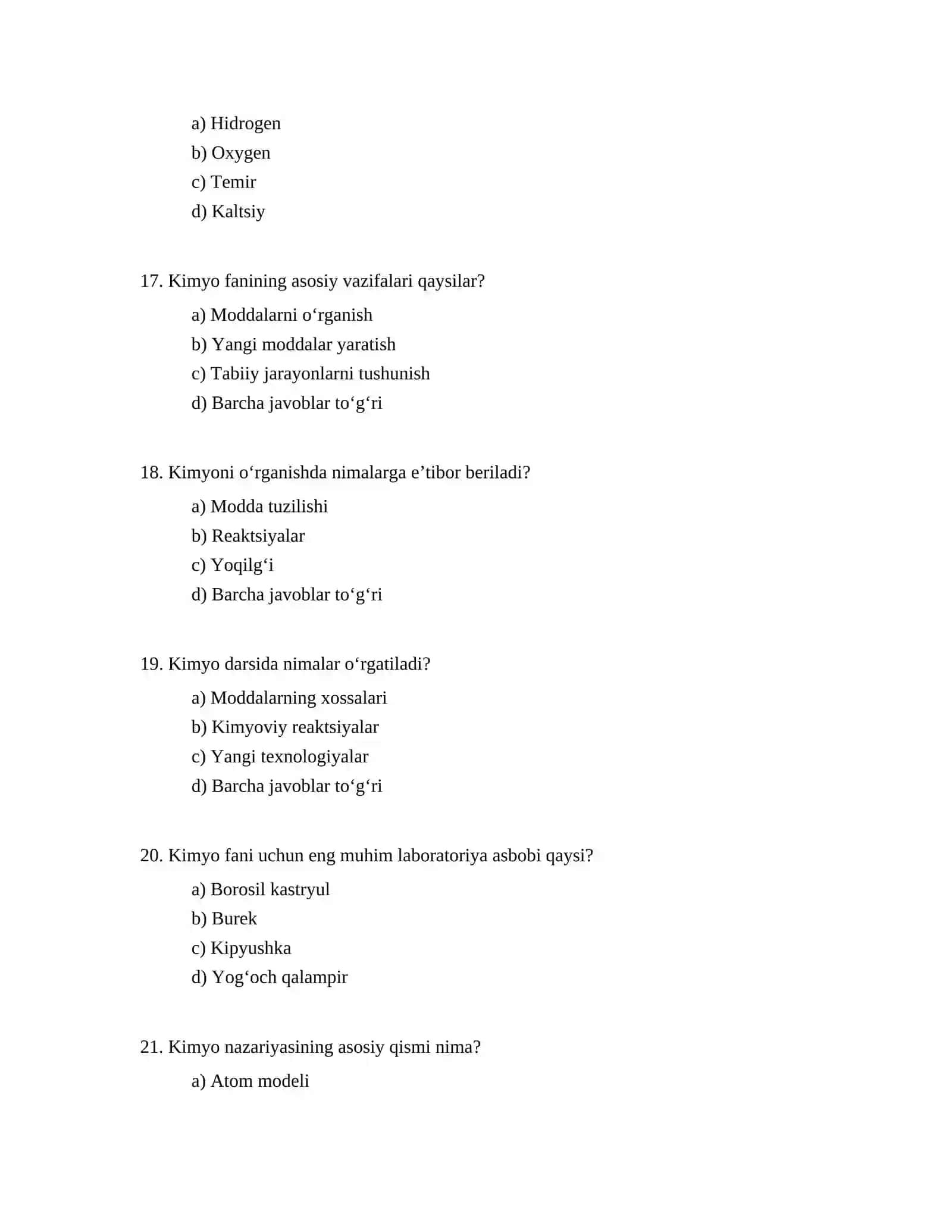 Kimyodan muqobil javobli testlar tuzish 4