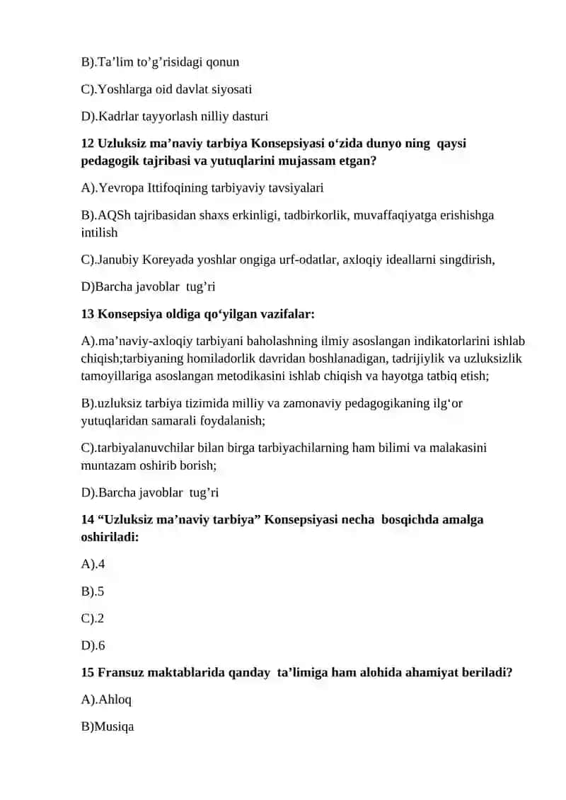 Boshlang‘ich ta’limda tarbiya fanidan 1- oraliq nazorat test savollari 4