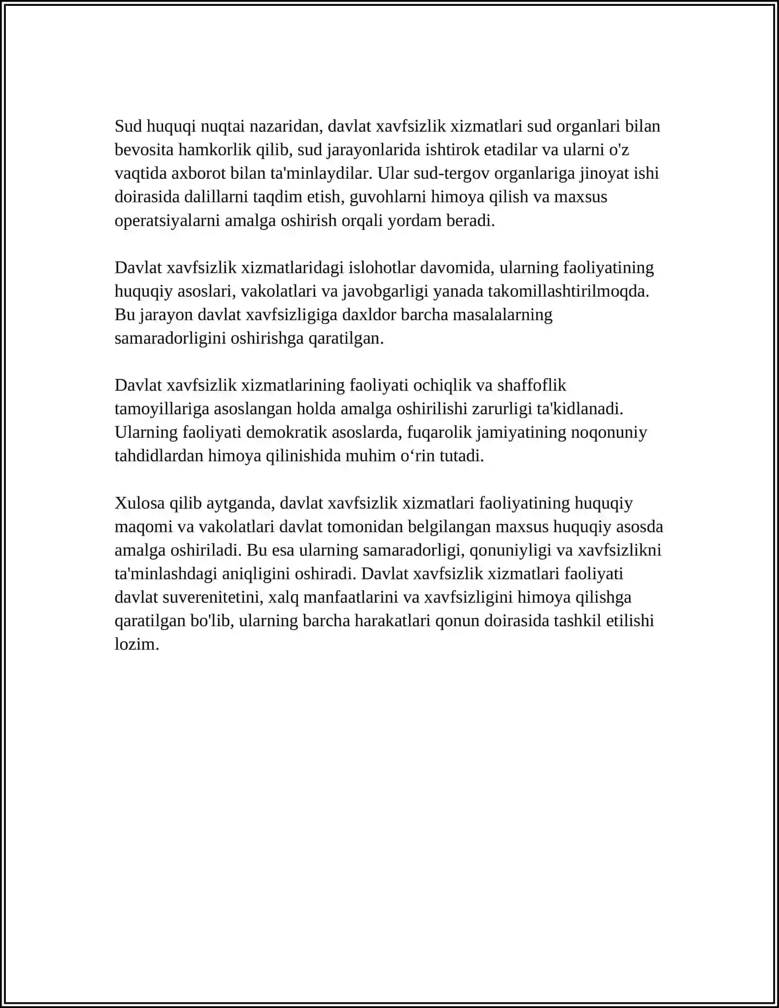 SUD HUQUQI FANIDAN: DAVLAT XAVFSIZLIK XIZMATI HAQIDA MUSTAQIL ISH 4