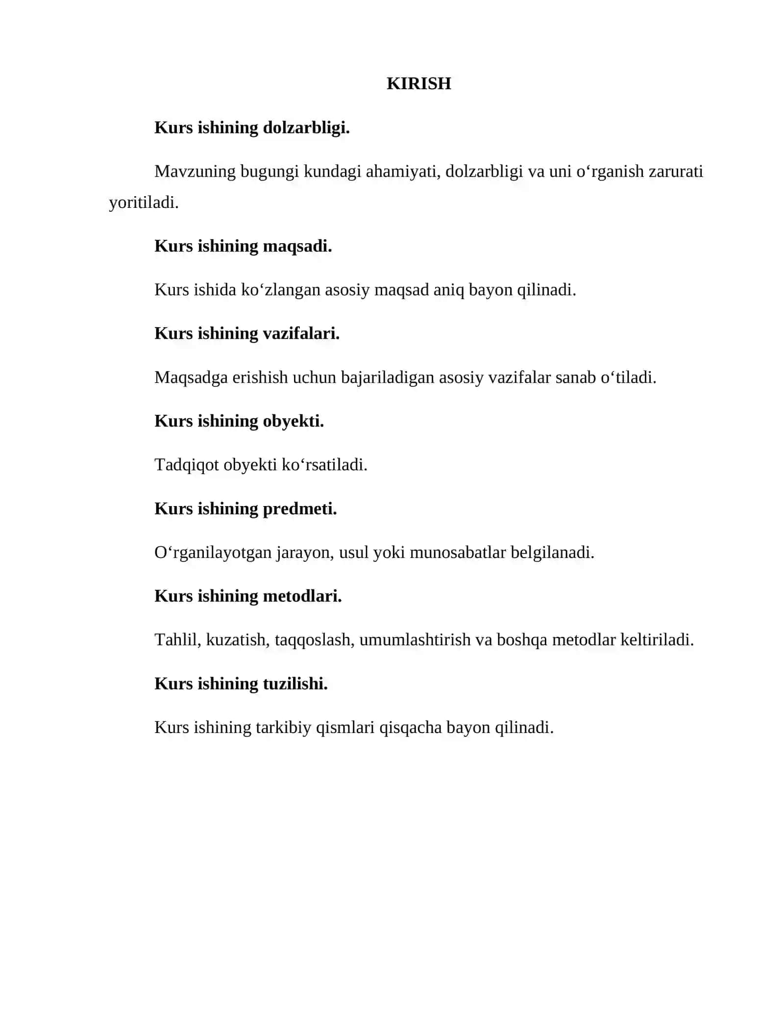 Kurs ishi namunasi — Word formatda tayyor kurs ishi 4