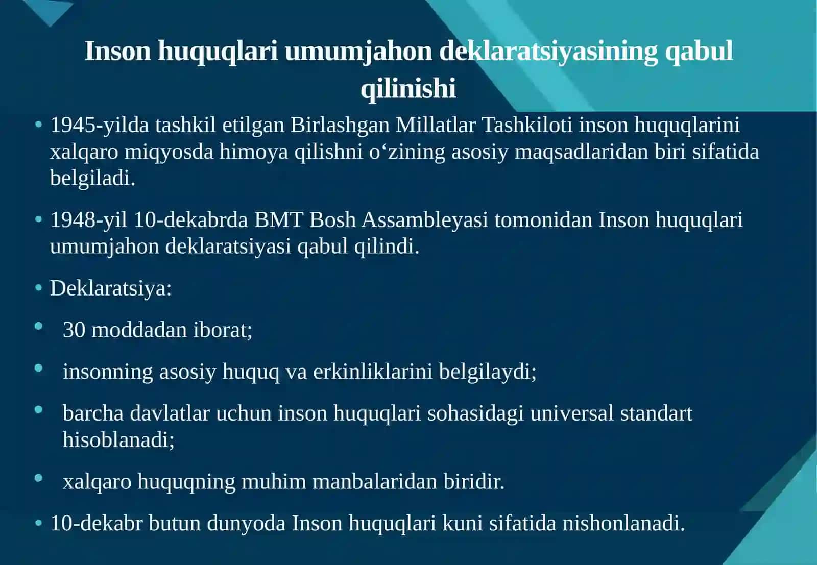 Inson huquqlari umumjahon deklaratsiyasi va inson huquqlari bo’yicha 4