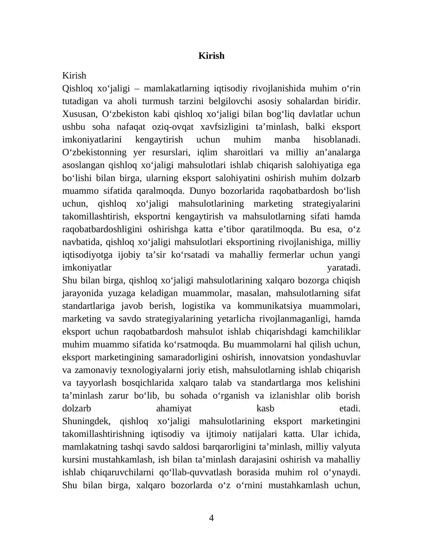 Qishloq xo'jalogi mahsulotlari eksport marketingini takomillashtirish mavzusida 30-40 sahifa 4