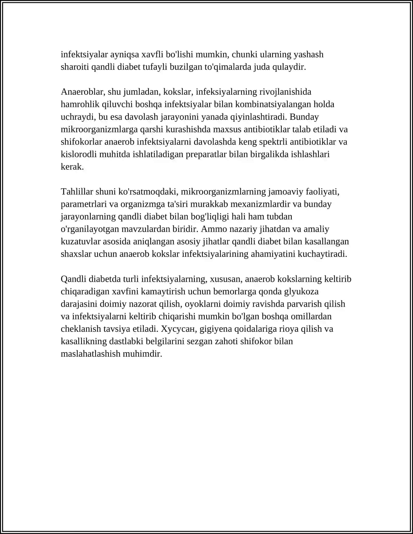 SHARTLI PATOGEN ANAEROB KOKLARI XIRURGIK XA GINEKOLOGIK KASALLIKLARDAGI AHAMIYATI QANDLI DIABETDA UCHRAYDIGAN INYEKSIYALAR, PATOGENEZ VA LABARATORIYA TASHHOSI 4